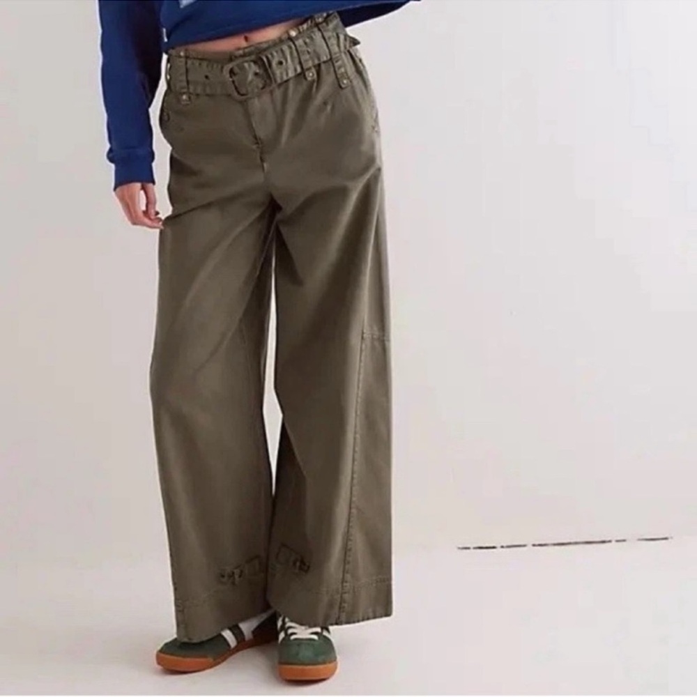 Free People We the Free Sloane Belted Wide Leg Pants in Washed Army Green